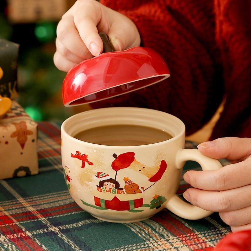 Tazza in ceramica con coperchio a forma di mela di Natale, 420 ml | Regalo di Natale