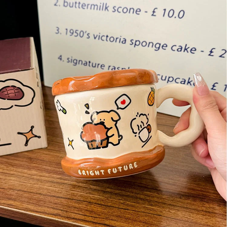 Tazza in ceramica con coperchio a forma di biscotto - 450 ml