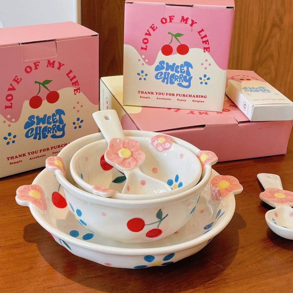 Piatto Dipinto a Mano Con Fiori e Ciliegie